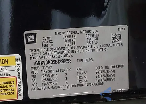 2014 Chevrolet Traverse 1Lt из США, поврежденный, VIN 1GNKVGKD9EJ229658